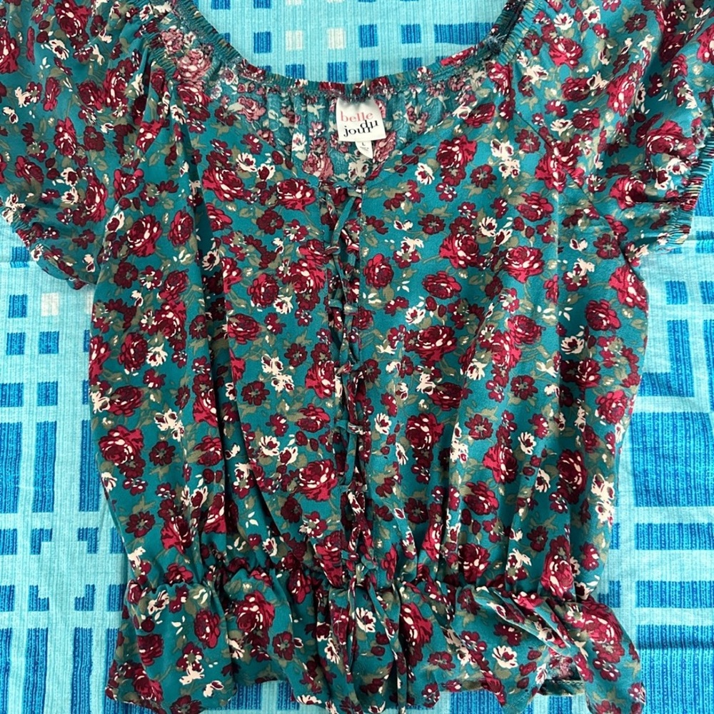 Belle Du Jour Teal and Red Floral Blouse